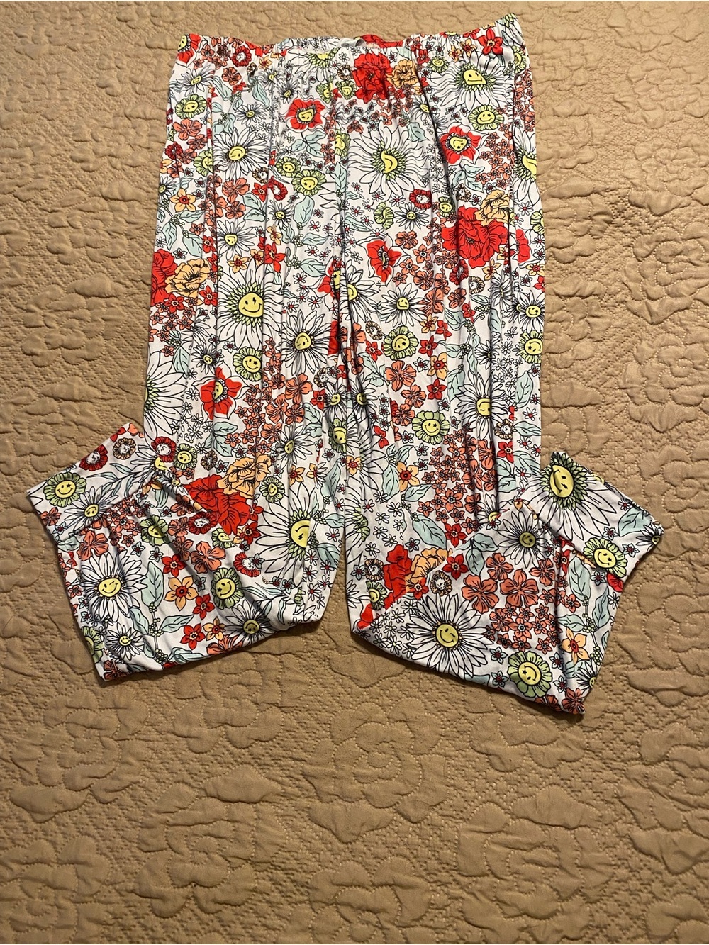 Floral Smile Wide-Leg Pajama Pants - White with Red & Yellow Floral Print
